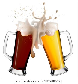 Realistic image of glass mugs with light and dark beer. Colliding glasses of spilling beer.
 Oktoberfest holiday.