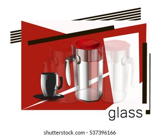 realistic image glassed jug and cups on a red and black background