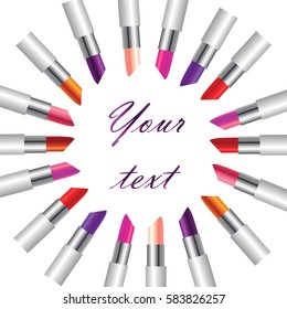 Realistic image of lipstick of different colors arranged in a circle on a white background, vector image
