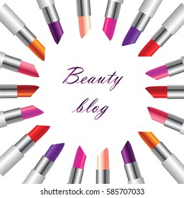 Realistic image of lipstick of different colors arranged in a circle on a white background, vector image