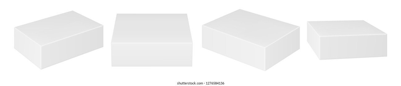 Realistic image (mock up, layout) of a closed empty rectangular cardboard (paper) box, perspective view, from different sides, located horizontally. Vector EPS 10.