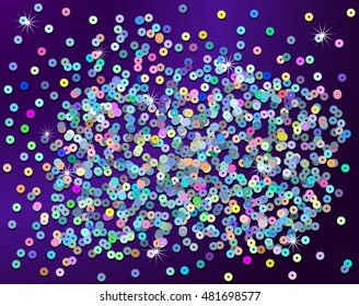 Realistic image of multi-colored iridescent sequins, scattered sparkling holographic glitter on a purple background, vector illustration EPS10