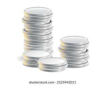 Uma imagem realista de várias pilhas de moedas de prata, representando riqueza, economia e estabilidade financeira. Ideal para conceitos financeiros de negócios, finanças e pessoais.