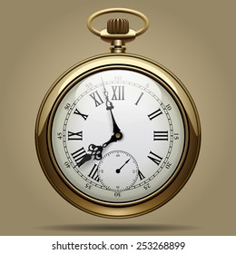 Realistic Image Of Old Vintage Clock Face. Retro Pocket Watch. Vector Illustration