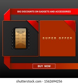 Realistic image of an open red box with a processor(CPU). The golden processor symbolizes the gadgets offered to the buyer. On the lid of the box is a golden text. For online business, ad, web banner.