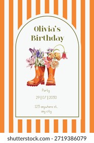 Imagen realista de unas botas de goma naranja con flores. Baby shower, tarjeta de invitación de cumpleaños. Fondo de estilo de acuarela dibujado a mano.