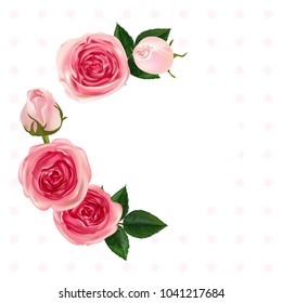 Realistic Image of Pink Roses. Beautiful greeting card. Festive Background. Wedding vector invite card 