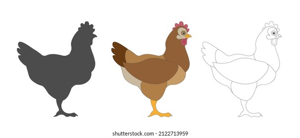 Realistic image of poultry, brown hen. Suitable for themes agriculture, healthy food, nature, village, eggs, poultry meat, coloring page for children.