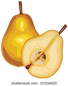 Realistic image of ripe pear and half of an pear