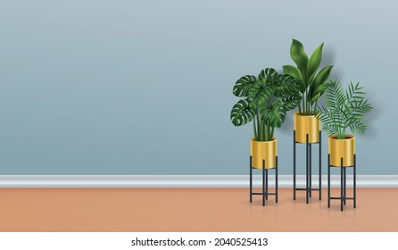 Imagen realista de tres plantas de casa en macetas paradas en el suelo sobre una ilustración vectorial de fondo azul