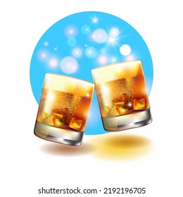 Realistic image of two glasses of brandy, whiskey or cognac with ice. Vector illustration of a glass of alcohol.