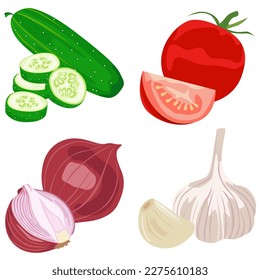 Realistic image of whole and sliced cucumber, tomato, onion and garlic. Natural vegetables. Food icons.