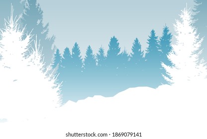Realistic image of a winter forest. Landscape of mountains with snow, trees, pines. Background winter cards. Snow-covered trees on background of mountains. Forest. Abstract minimalistic illustration.