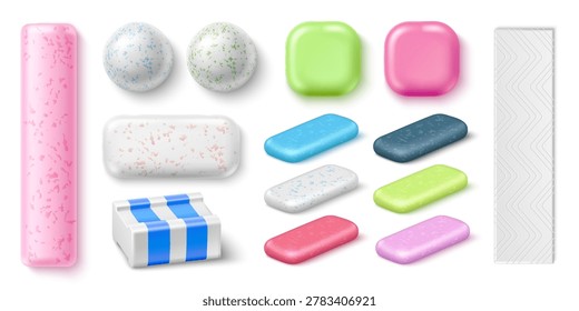 Realistic images of chewing gum. 3D bubblegum. Various types of chewy balls and sticks. Mint flavor gummy candy for fresh breath. Tooth whitening pad shapes. Vector refreshing pillow fresheners set