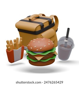 Realistic images of fast food, thermal delivery bag. Advertising for cafe, restaurant
