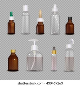 Realistic images set of different bottles for pharmaceutical or makeup means on transparent background isolated vector illustration