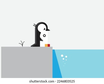  Realistic imperial penguin. Penguin are parent and their chick. The glacier and the snow-covered plain. Landscapes of the Antarctic.