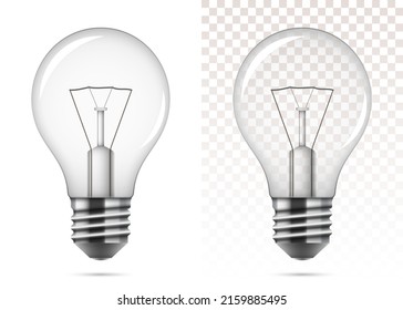 Realistic incandescent light bulb isolated on white and transparent background. Old style lightbulb vector illustration.