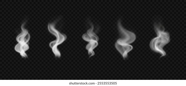 Realistic incense smoke. Set of vector design elements. White swirl steam or fog from hot food, liquid, cigarettes