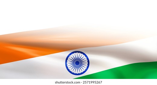 Realistic Indian flag for Independence Day. Wavy flag of the Republic of India with blurred edge isolated on white background. Country symbol for celebrating patriotic holidays. 3d vector illustration