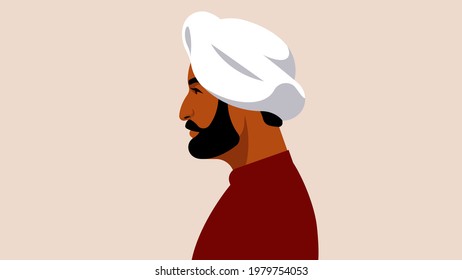 Realistic Indian man portrait. Attractive mature sikh man in turban. Welcome To India. One person, side view, isolated. Modern vector male fase, avatar, head.