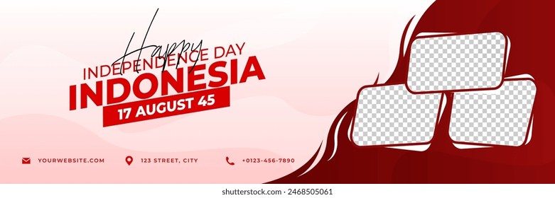 Realistic indonesia independence day horizontal banner template with photo frame