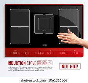 Realistic induction hob surface hand poster with induction stove not hot headline vector illustration