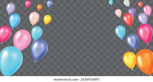 Realistic inflatable balloons of different colors flying upwards set on transparent background. Inflated glossy balls frame. Holiday celebration. Birthday party 3D decoration. Vector festive backdrop