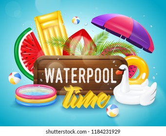 Realistic inflatable pool with swimming equipment horizontal poster on blue background with water drops vector illustration