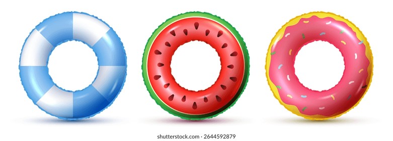 Realistic inflatable ring collection for swimming pool. Trendy watermelon, donut and blue stripes floating swim tube set