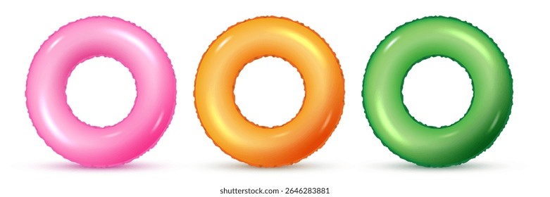 Realistic inflatable ring collection for swimming pool. Pink, orange and green floating swim tube set