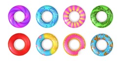 Realistic Inflatable Rubber Swimming Rings Top View. Kids Lifebuoy For Pool Or Sea Water With Fish And Doughnut Design. Swim Ring Vector Set. Illustration Of Rubber Float, Inflatable Equipment Ring
