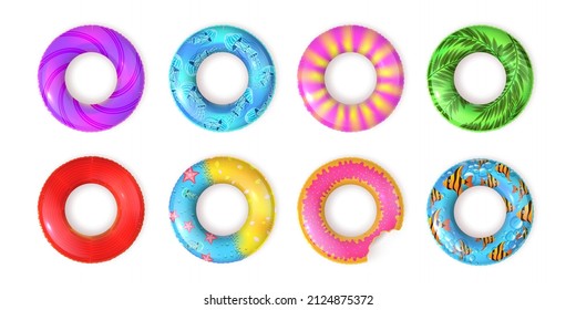 Realistic Inflatable Rubber Swimming Rings Top View. Kids Lifebuoy For Pool Or Sea Water With Fish And Doughnut Design. Swim Ring Vector Set. Illustration Of Rubber Float, Inflatable Equipment Ring