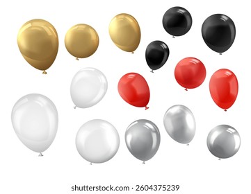 Realistic inflated balloons different colors vector icons set. Holiday party, birthday and anniversary air decoration. Glossy metallic foil helium balloons. Celebration festive 3d design elements