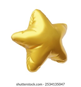 Realistic inflated yellow star balloon 3D plastic style icon. Glossy golden foil star helium balloon for birthday or Christmas party. Decoration for holiday, festive volumetric design element