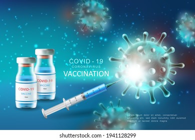 Realistic injection vaccine syringes for Coronavirus COVID-19 global epidemic flu disease background image 3D virus