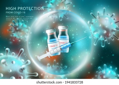 Realistic injection vaccine syringes for Coronavirus COVID-19 global epidemic flu disease background image 3D virus and transparent bubble protection