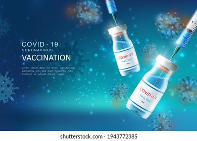 Realistic injection vaccine syringes for Coronavirus COVID-19 global epidemic flu disease background image 3D virus