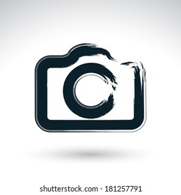 Realistic ink hand drawn vector digital camera icon, simple hand-painted camera symbol, isolated on white background.