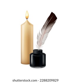 Realistic inkwell with feather and burning wax candle vector illustration
