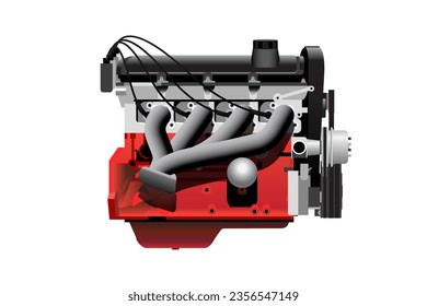 Cilindro realista en línea 4 con árbol de levas y ventilador de refrigeración de radiador eléctrico tipo gasolina tipo vector de ilustración del motor de combustión interna.