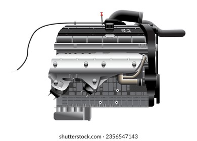 Cilindro de 6 en línea realista con doble árbol de levas y ventilador de refrigeración del radiador eléctrico tipo de combustible de combustión interna vector de ilustración del motor.