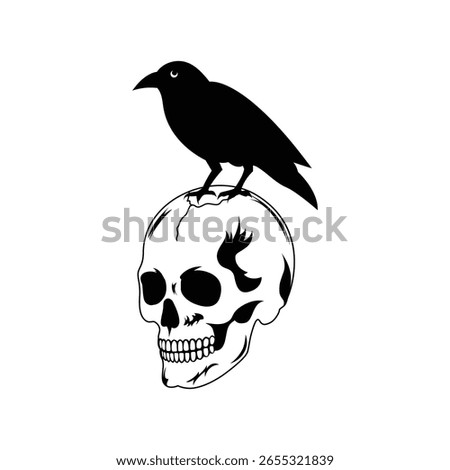 A realistic and intense image of a black crow perched on top of a human skull. The crow is sharp and imposing. The scene has an eerie and dramatic feel.