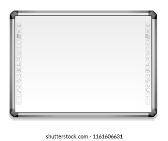 realistic interactive educational board, with metal frame, electronic materials, slides, software for an educational institution