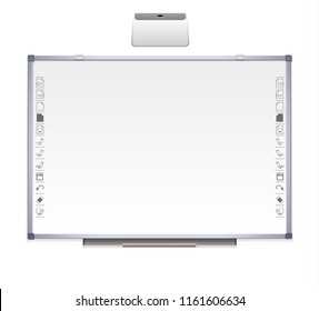 realistic interactive educational board, with metal frame, electronic materials, slides, software for an educational institution