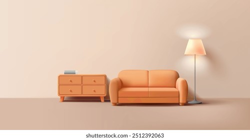 Realistische Inneneinrichtung, 3D. Ein Sofa, eine Stehlampe, ein Regal. Ruheraum, Gästezimmer. Banner für die Werbung zu Hause Gemütlichkeit und Komfort. Vektorgrafik.