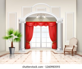 Realistic interior design in classic style with hellenistic columns french window and luxury red curtains vector illustration