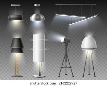 Realistic interior lamps. Different types room lights, chandeliers and floor lamps, illuminated home and studio interior elements, modern loft design, vector isolated set