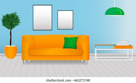 Realistic interior of a modern living room. Orange and green template design. Mock-up. Vector illustration.