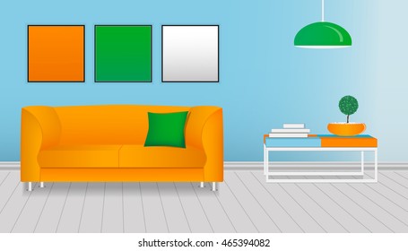 Realistic interior of a modern living room. Orange and green template design. Mock-up. Vector illustration.